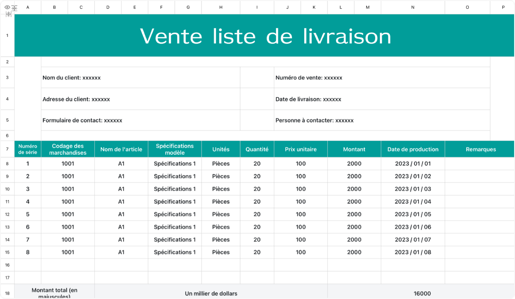 Vente liste de livraison